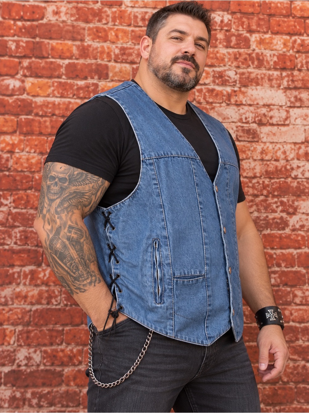 Vintage Unik Men’s Denim Corset Lace Up Front Zip Biker Riding Vest